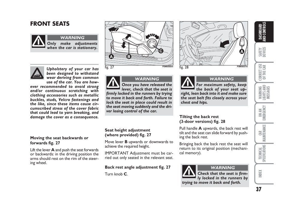 Front seats | FIAT Grande Punto Actual User Manual | Page 39 / 243