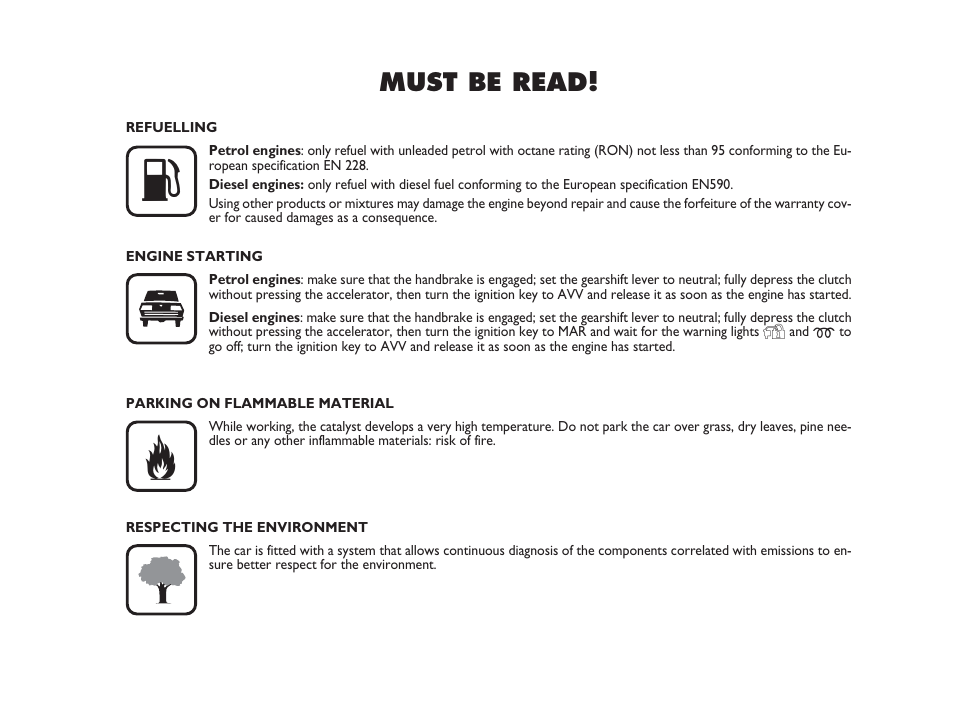 Must be read | FIAT Grande Punto Actual User Manual | Page 4 / 243