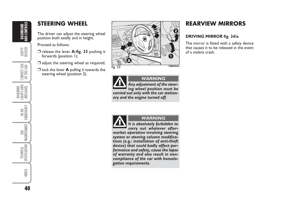 Rearview mirrors, Steering wheel | FIAT Grande Punto Actual User Manual | Page 42 / 243