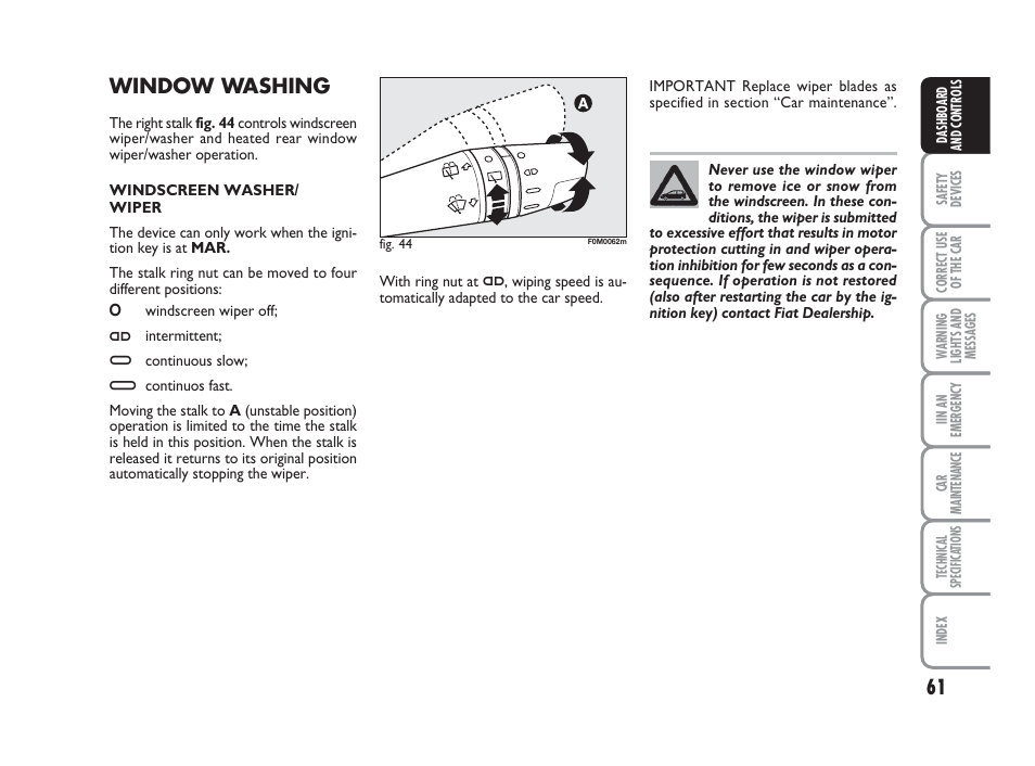 Window washing | FIAT Grande Punto Actual User Manual | Page 63 / 243