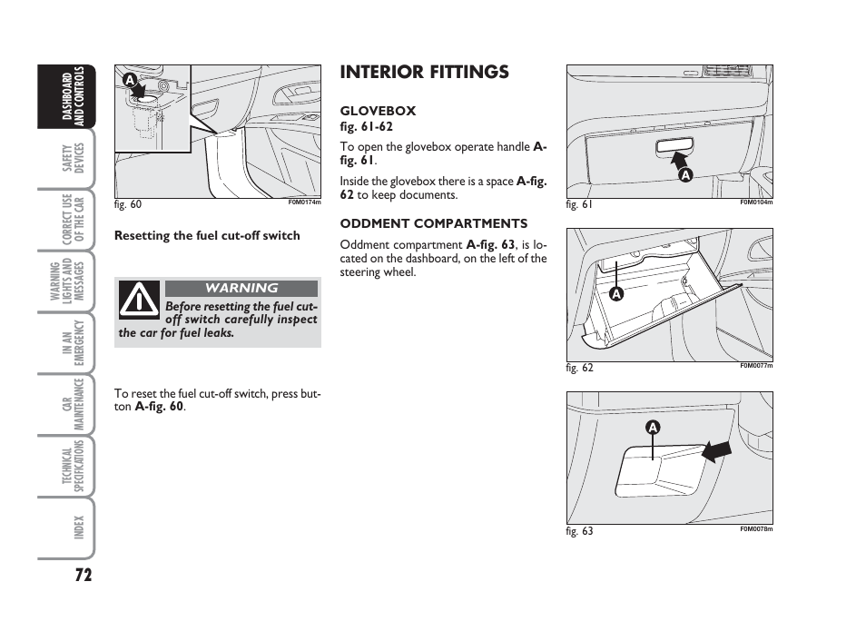 Interior fittings | FIAT Grande Punto Actual User Manual | Page 74 / 243