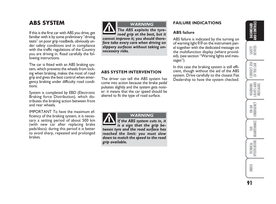 Abs system | FIAT Grande Punto Actual User Manual | Page 93 / 243