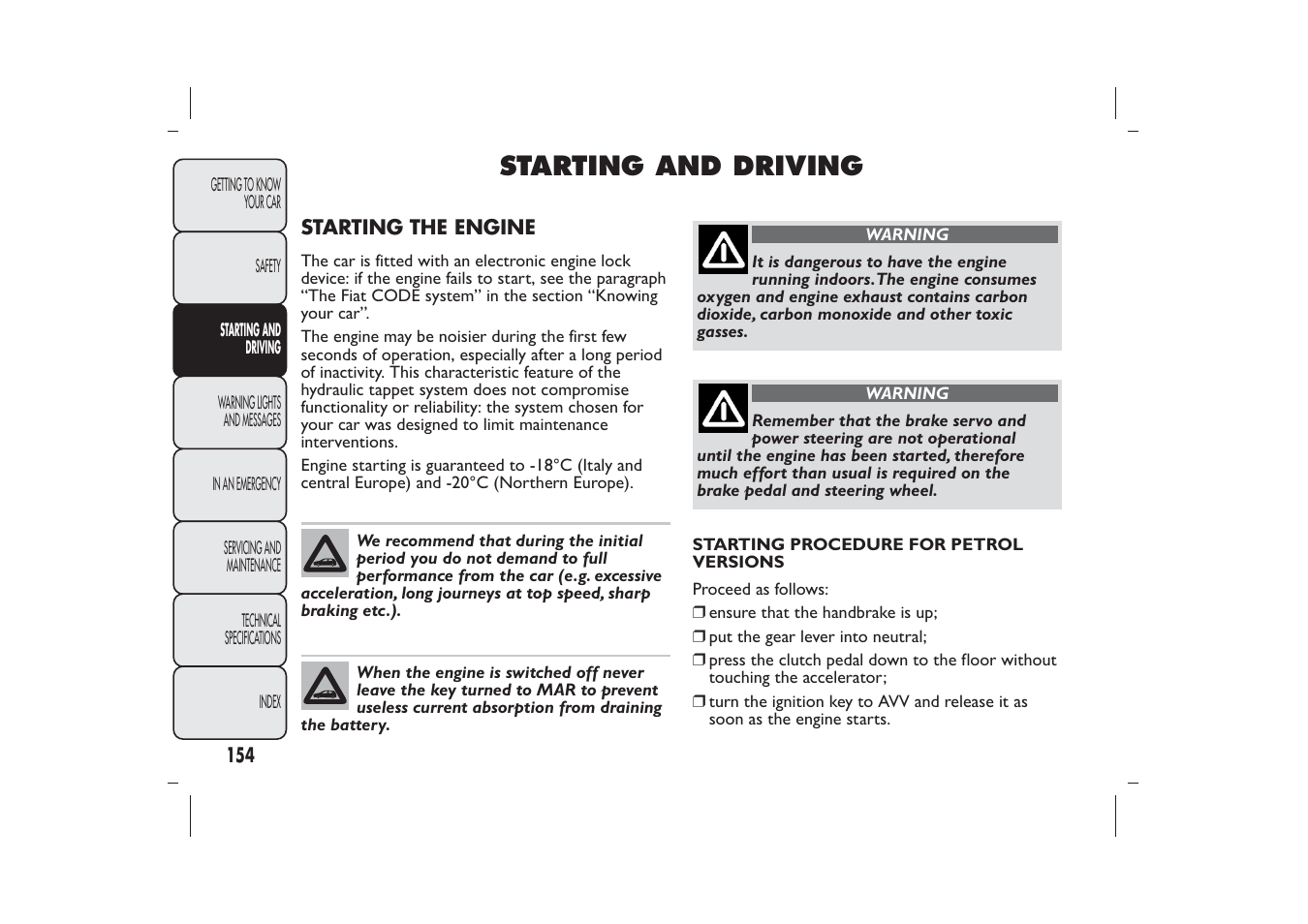 Starting and driving | FIAT Bravo User Manual | Page 158 / 299