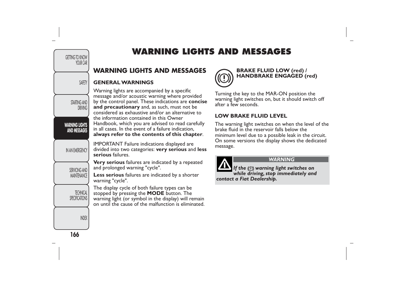 Warning lights and messages | FIAT Bravo User Manual | Page 170 / 299