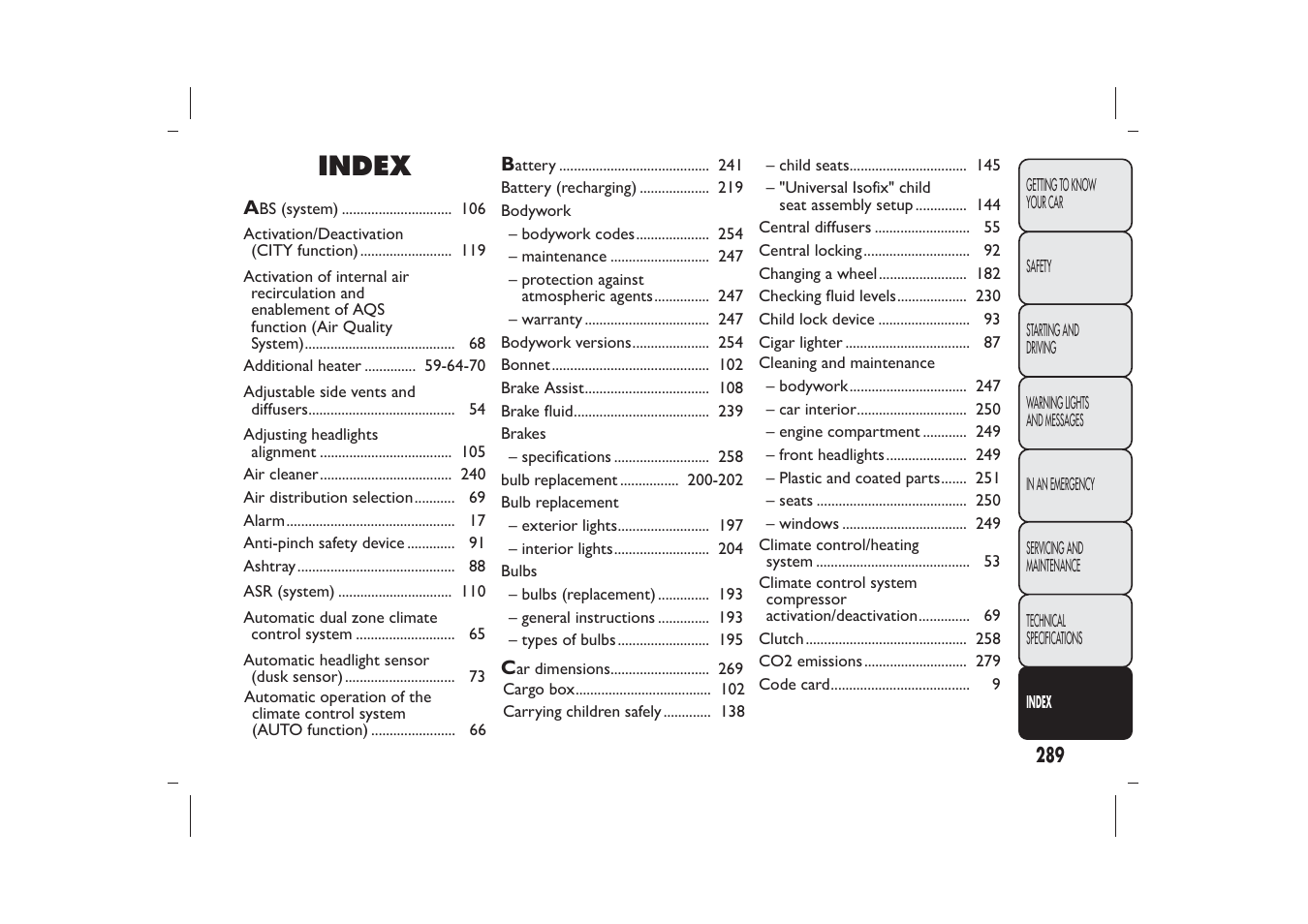 Index | FIAT Bravo User Manual | Page 293 / 299