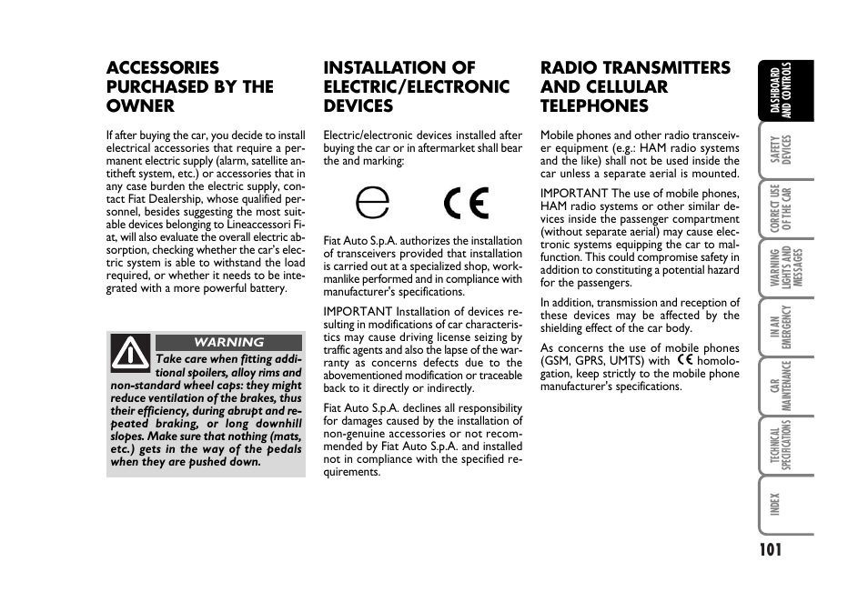 Accessories purchased by the owner, Installation of electric/electronic devices, Radio transmitters and cellular telephones | FIAT Stilo User Manual | Page 102 / 274