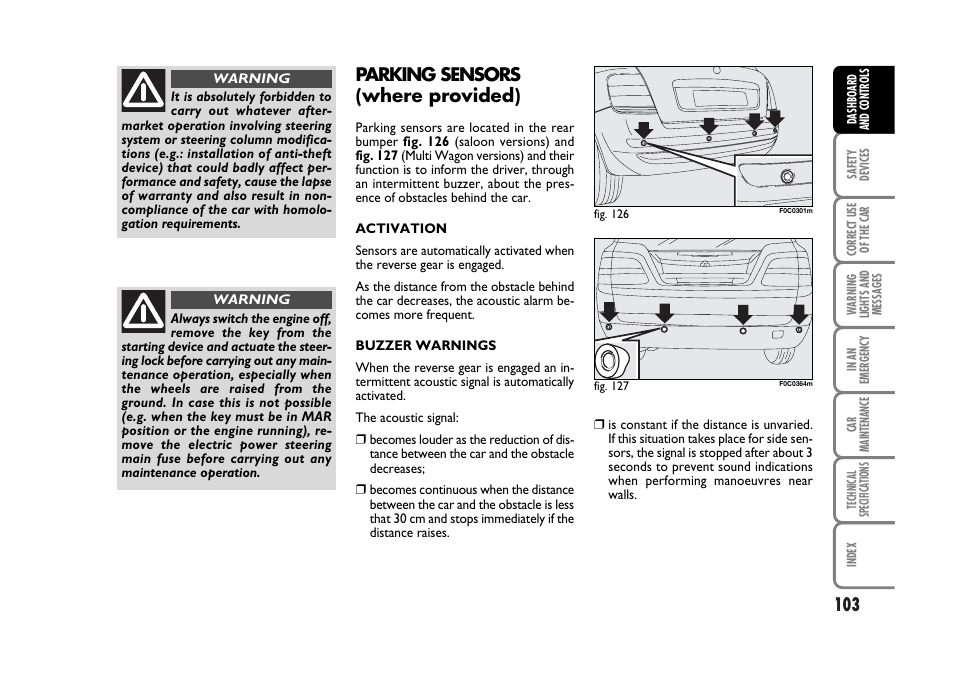 Parking sensors (where provided) | FIAT Stilo User Manual | Page 104 / 274