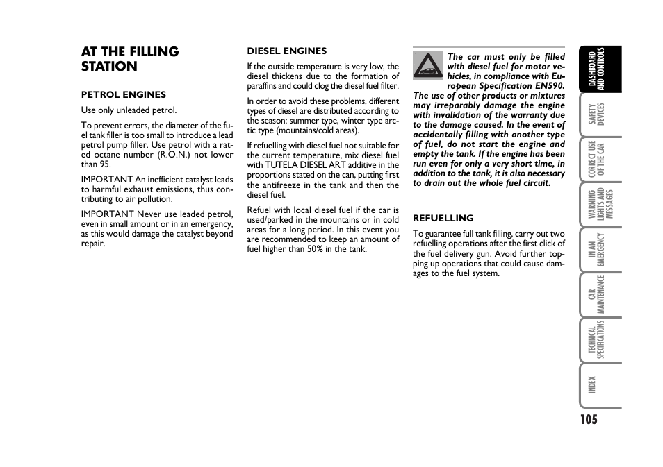 At the filling station | FIAT Stilo User Manual | Page 106 / 274