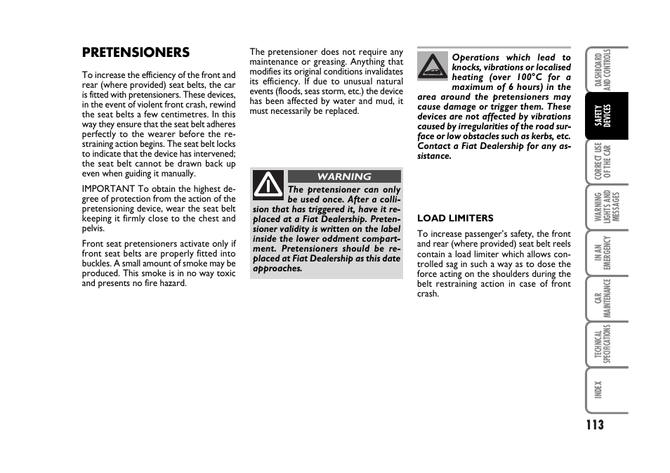 Pretensioners | FIAT Stilo User Manual | Page 114 / 274