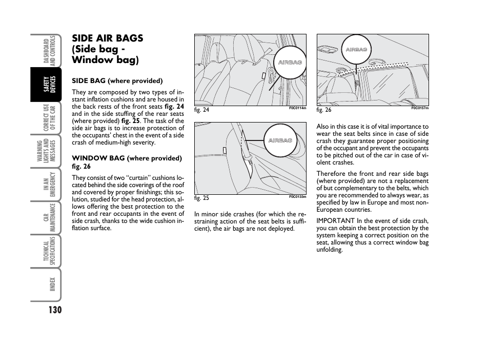 Side air bags (side bag - window bag) | FIAT Stilo User Manual | Page 131 / 274