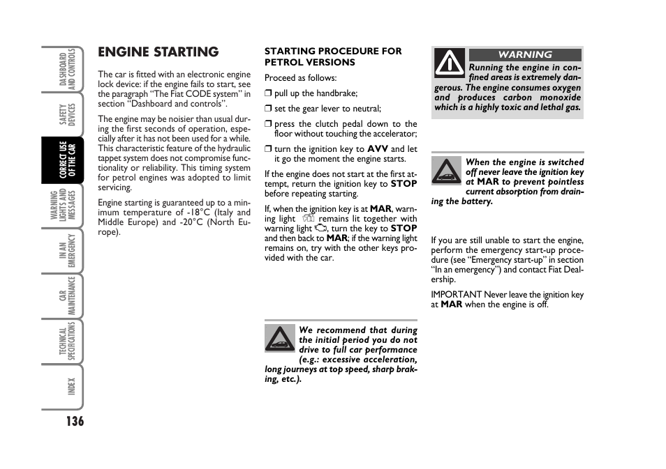 Engine starting | FIAT Stilo User Manual | Page 137 / 274