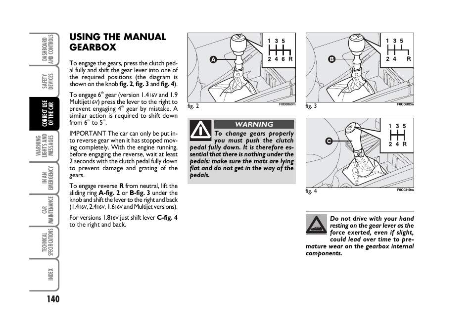 Using the manual gearbox | FIAT Stilo User Manual | Page 141 / 274