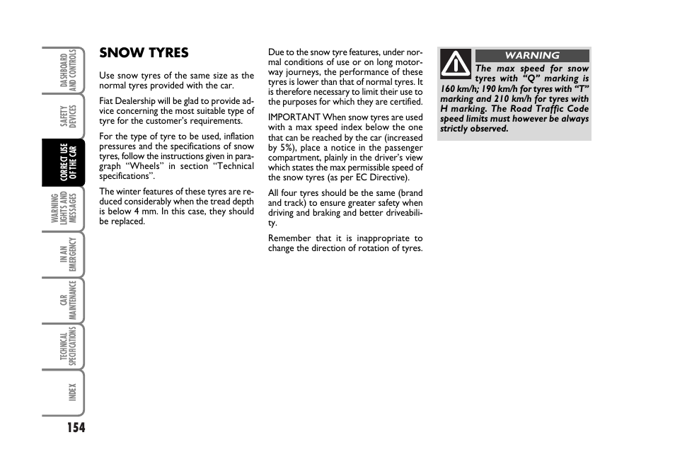 Snow tyres | FIAT Stilo User Manual | Page 155 / 274