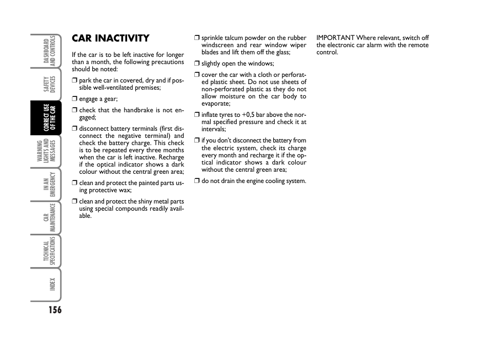 Car inactivity | FIAT Stilo User Manual | Page 157 / 274