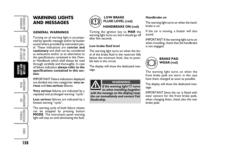 Warning lights and messages | FIAT Stilo User Manual | Page 159 / 274