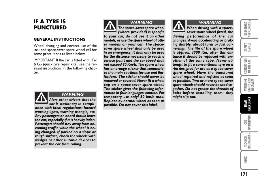 If a tyre is punctured | FIAT Stilo User Manual | Page 172 / 274