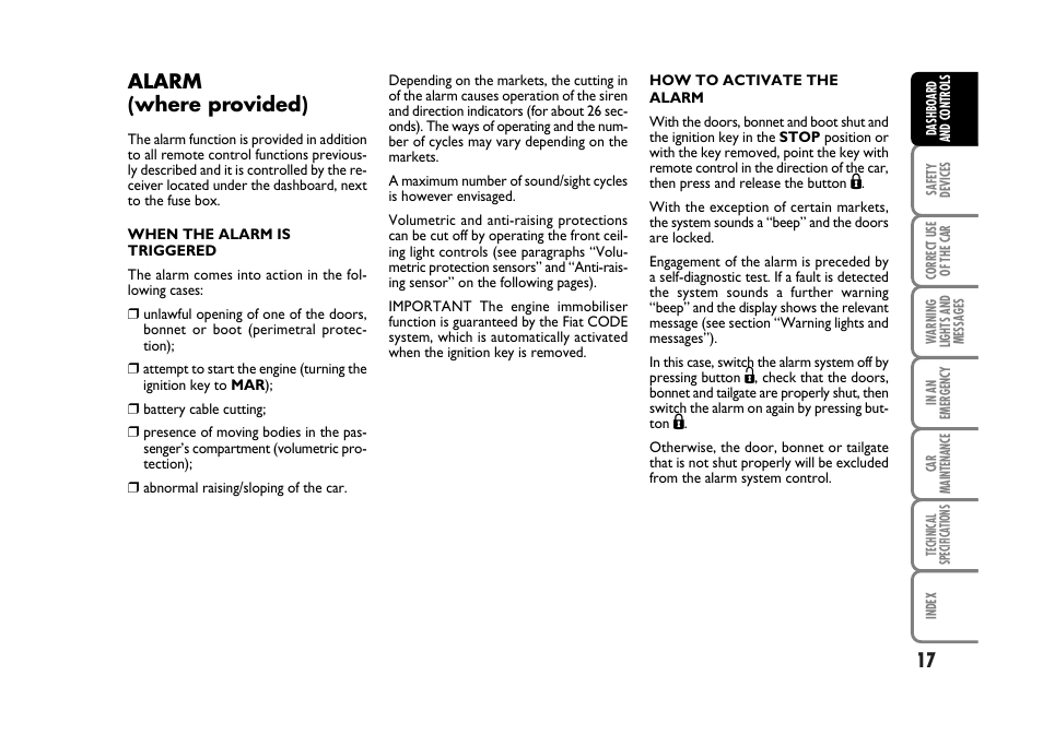 Alarm (where provided) | FIAT Stilo User Manual | Page 18 / 274