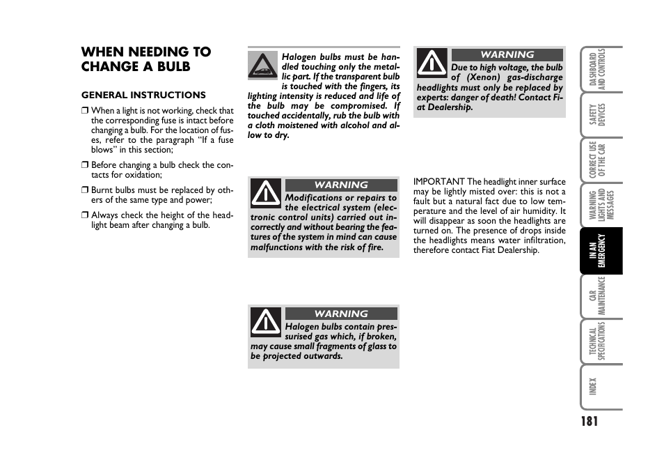 When needing to change a bulb | FIAT Stilo User Manual | Page 182 / 274