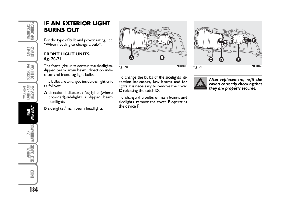 If an exterior light burns out | FIAT Stilo User Manual | Page 185 / 274