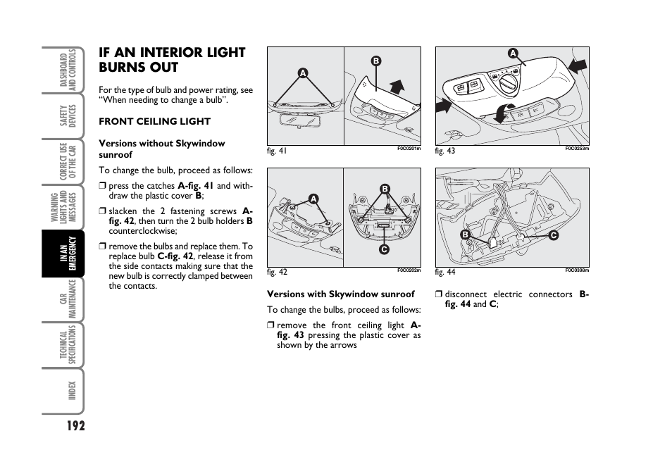 If an interior light burns out | FIAT Stilo User Manual | Page 193 / 274