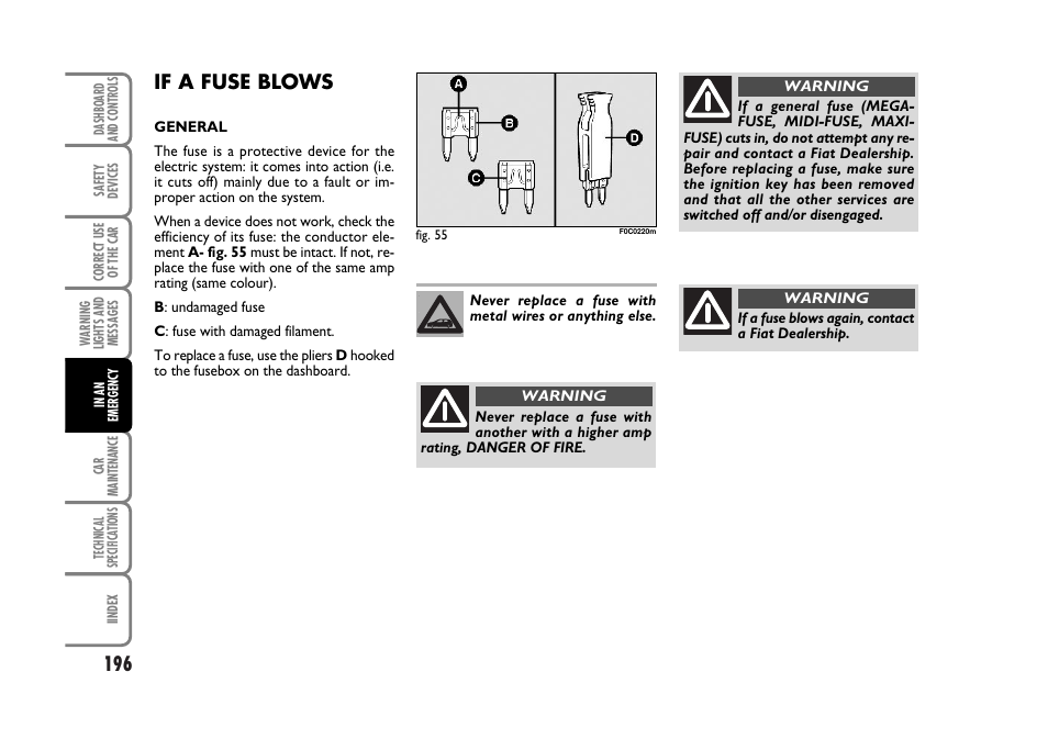 If a fuse blows | FIAT Stilo User Manual | Page 197 / 274