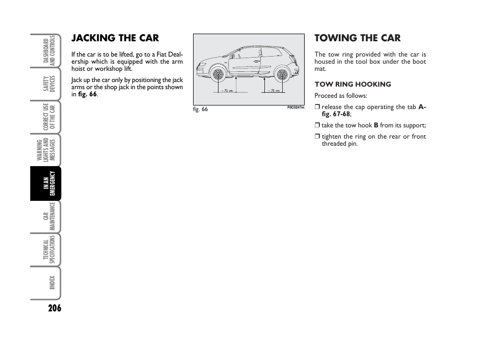 Towing the car, Jacking the car | FIAT Stilo User Manual | Page 207 / 274