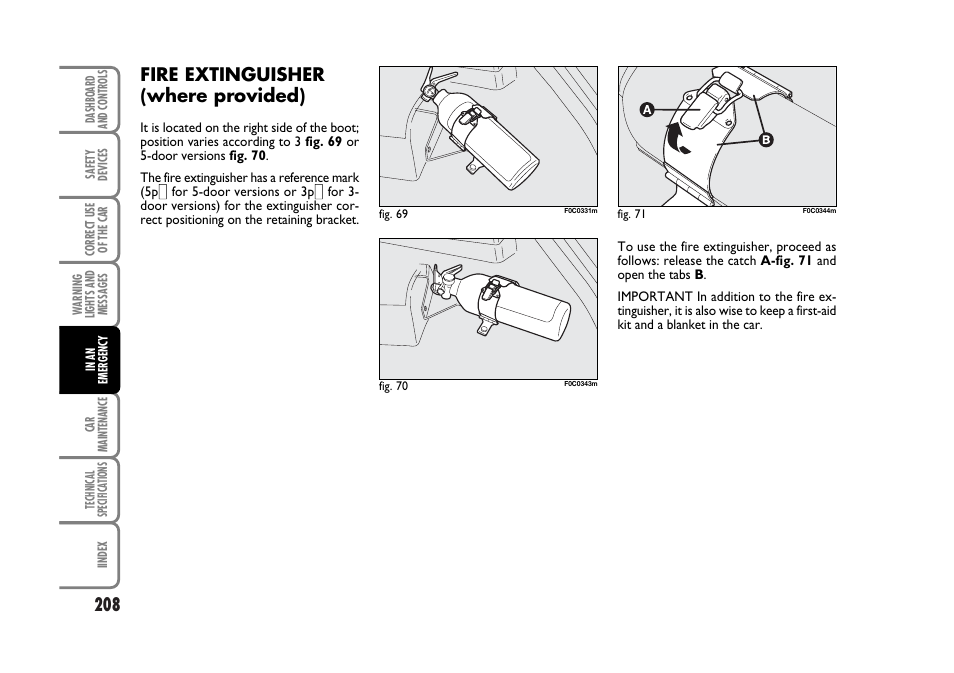 Fire extinguisher (where provided) | FIAT Stilo User Manual | Page 209 / 274