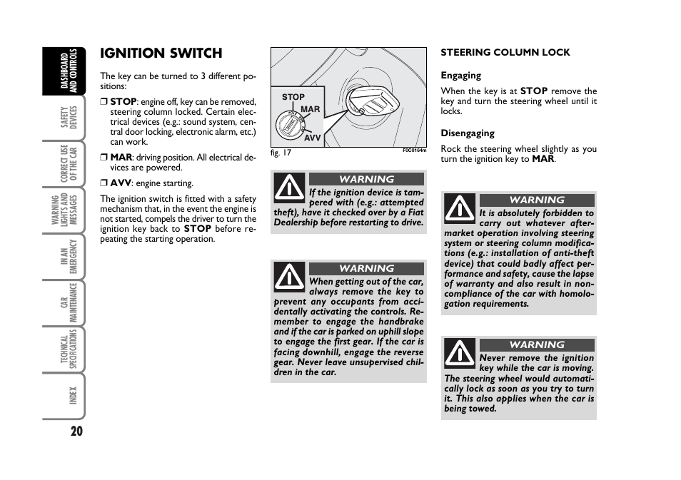 Ignition switch | FIAT Stilo User Manual | Page 21 / 274