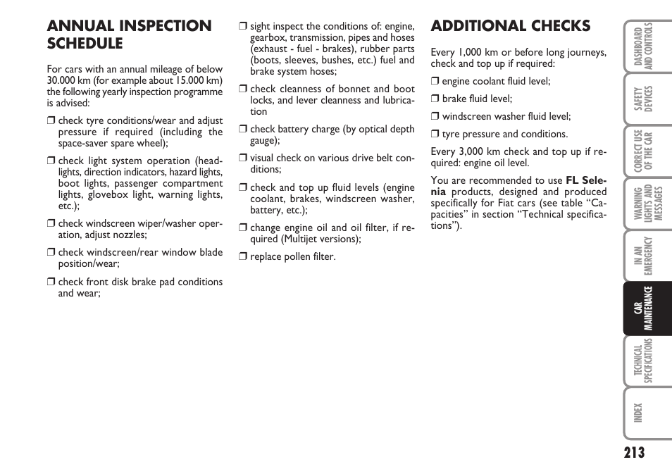 Annual inspection schedule, Additional checks | FIAT Stilo User Manual | Page 214 / 274