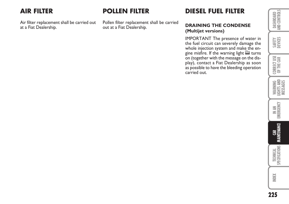 Air filter, Pollen filter, Diesel fuel filter | FIAT Stilo User Manual | Page 226 / 274