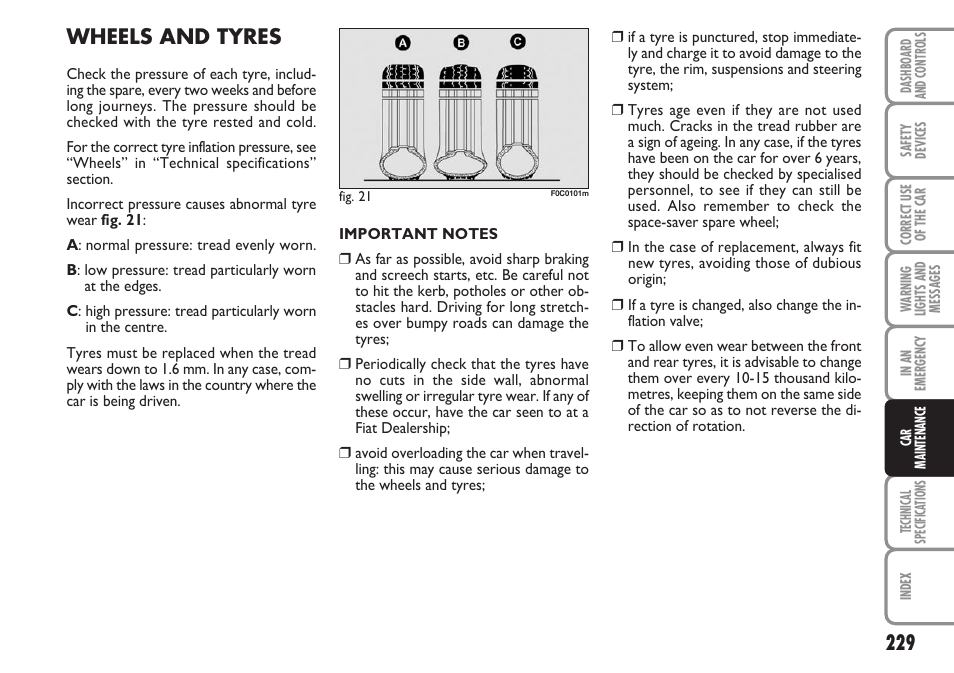 Wheels and tyres | FIAT Stilo User Manual | Page 230 / 274