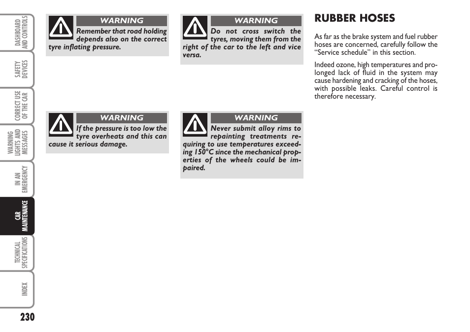 Rubber hoses | FIAT Stilo User Manual | Page 231 / 274