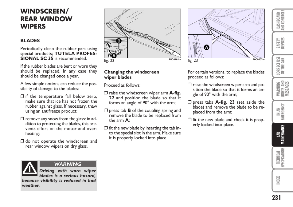 Windscreen/ rear window wipers | FIAT Stilo User Manual | Page 232 / 274