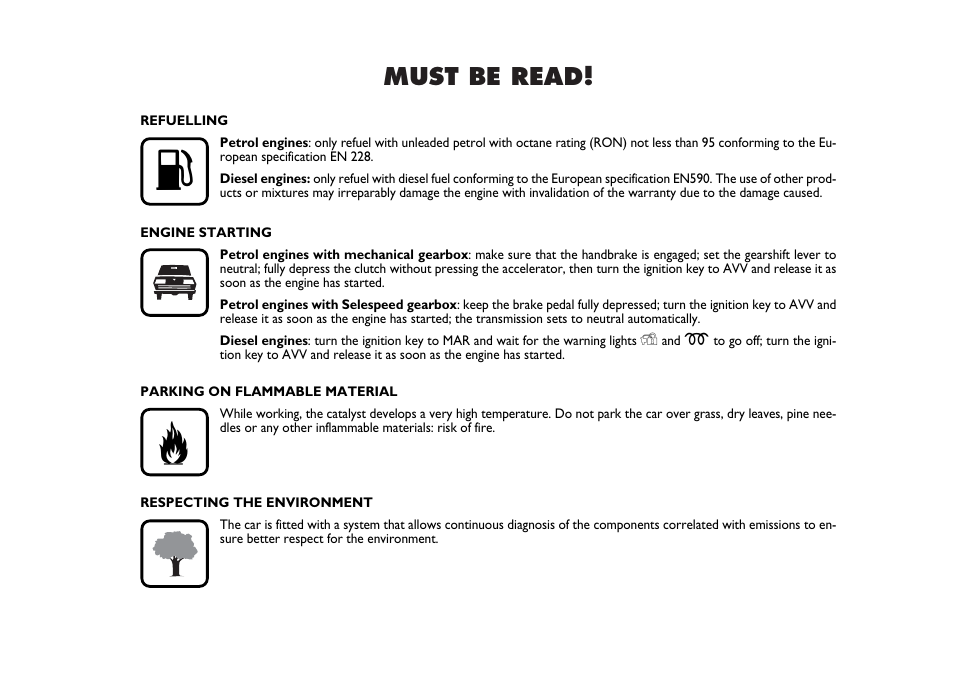 Must be read | FIAT Stilo User Manual | Page 3 / 274