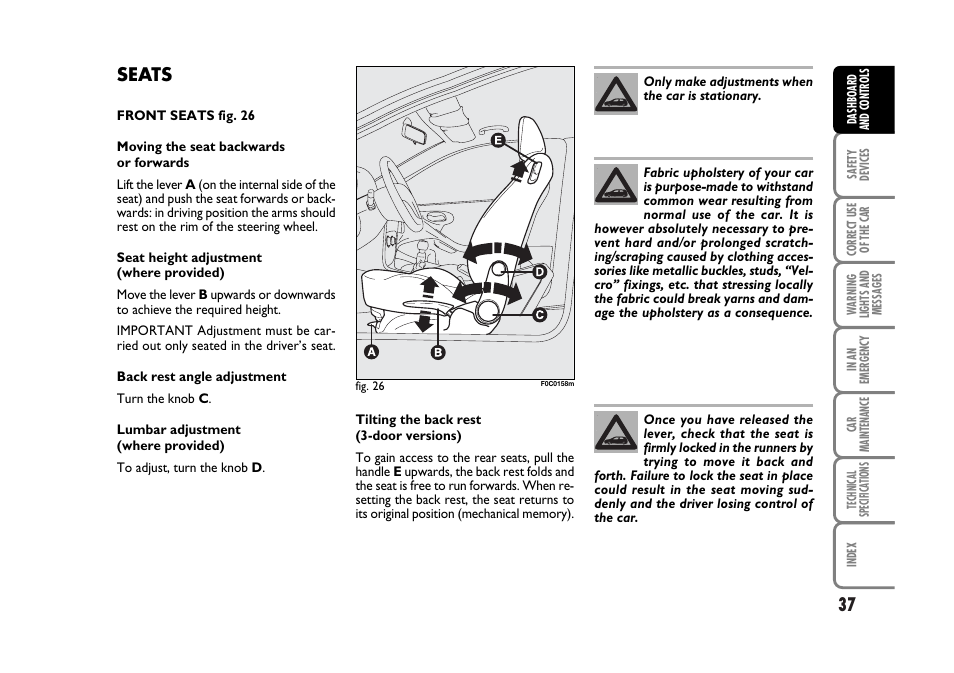 Seats | FIAT Stilo User Manual | Page 38 / 274