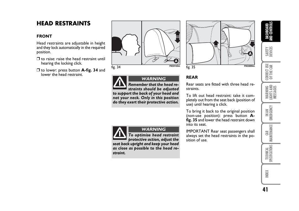 Head restraints | FIAT Stilo User Manual | Page 42 / 274