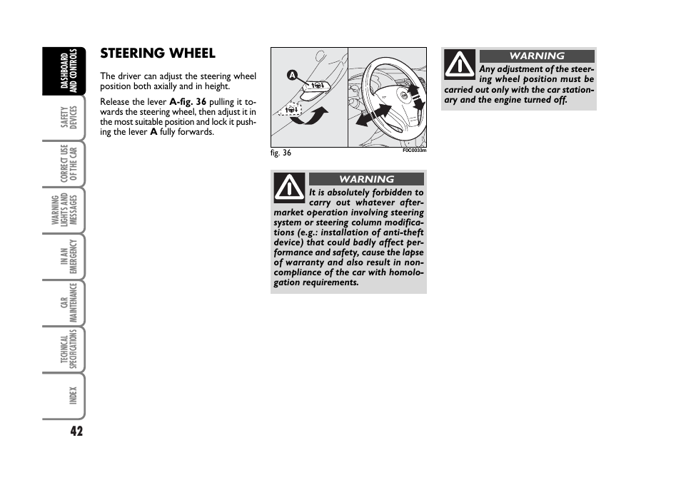 Steering wheel | FIAT Stilo User Manual | Page 43 / 274