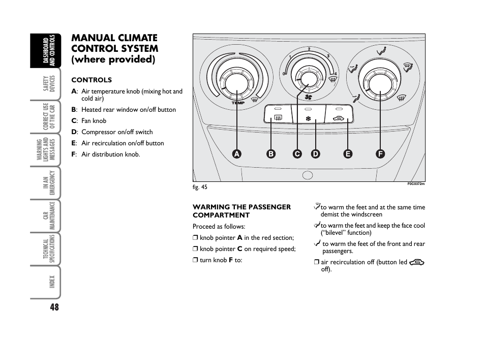 Manual climate control system (where provided) | FIAT Stilo User Manual | Page 49 / 274