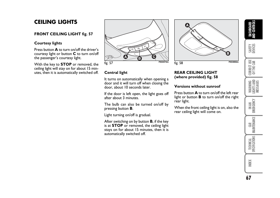 Ceiling lights | FIAT Stilo User Manual | Page 68 / 274