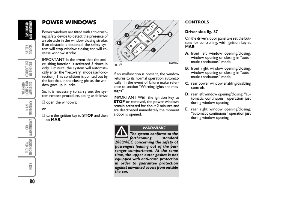 Power windows | FIAT Stilo User Manual | Page 81 / 274