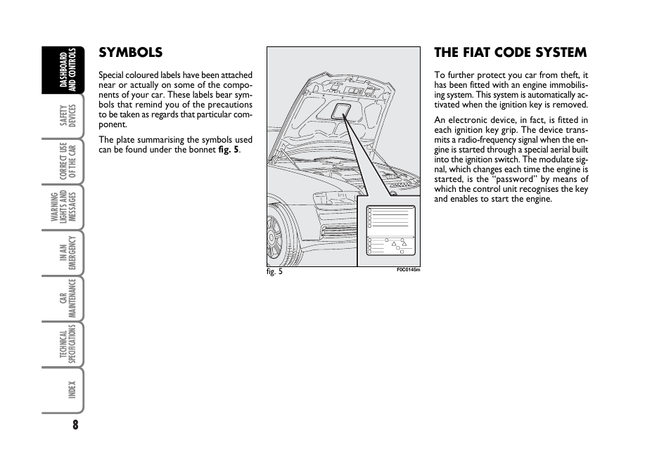 Symbols, The fiat code system | FIAT Stilo User Manual | Page 9 / 274