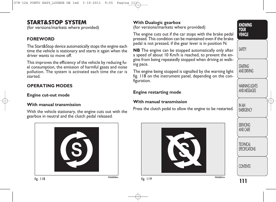 Start&stop system | FIAT Punto 2012 User Manual | Page 113 / 267