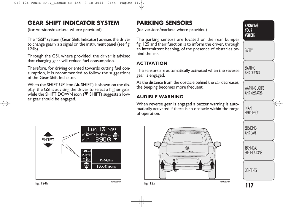 Parking sensors, Gear shift indicator system | FIAT Punto 2012 User Manual | Page 119 / 267