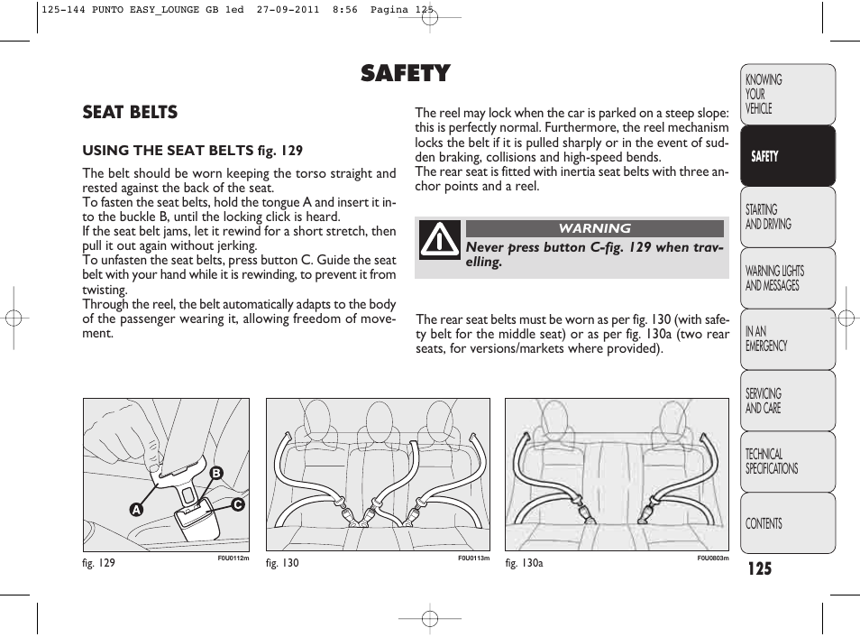 144_punto_easy_lounge_gb_1ed.pdf, Safety, Seat belts | FIAT Punto 2012 User Manual | Page 127 / 267