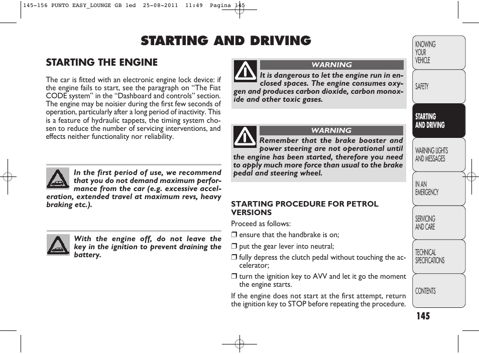 156_punto_easy_lounge_gb_1ed.pdf, Starting and driving | FIAT Punto 2012 User Manual | Page 147 / 267