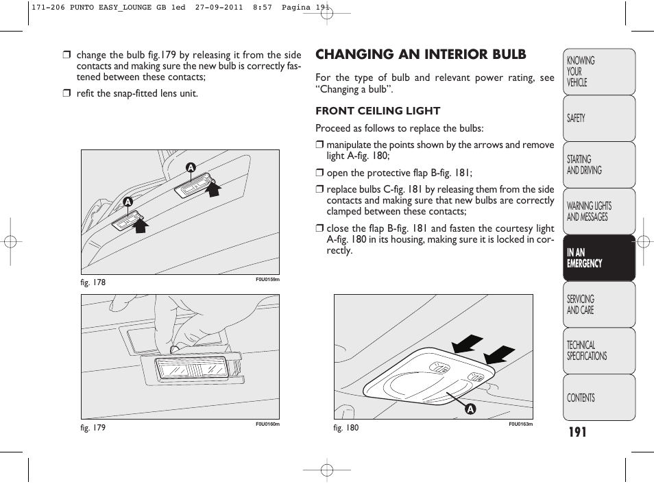 Changing an interior bulb | FIAT Punto 2012 User Manual | Page 193 / 267