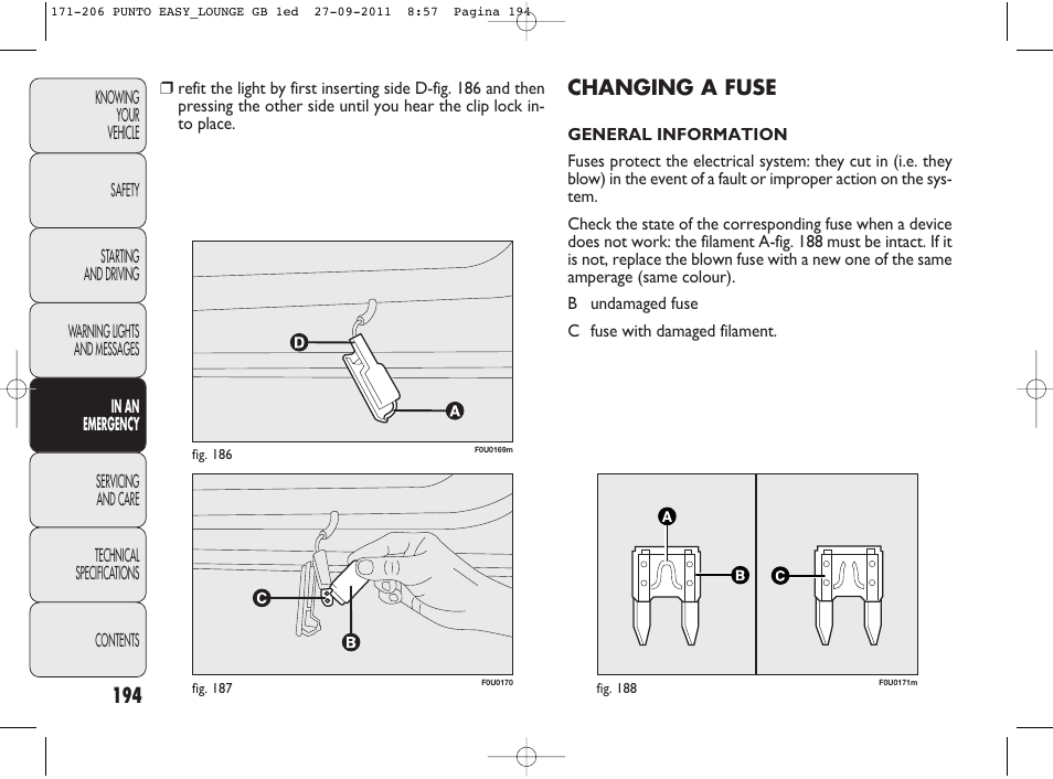 Changing a fuse | FIAT Punto 2012 User Manual | Page 196 / 267