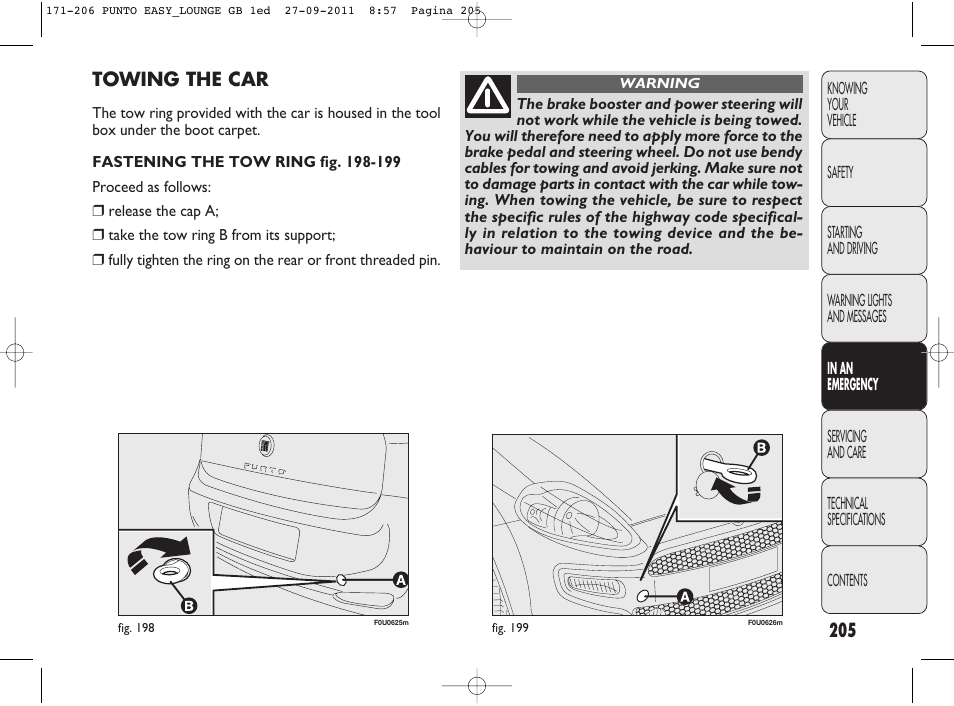 Towing the car | FIAT Punto 2012 User Manual | Page 207 / 267