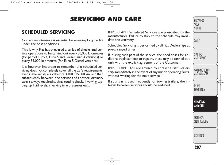 230_punto_easy_lounge_gb_1ed.pdf, Servicing and care | FIAT Punto 2012 User Manual | Page 209 / 267