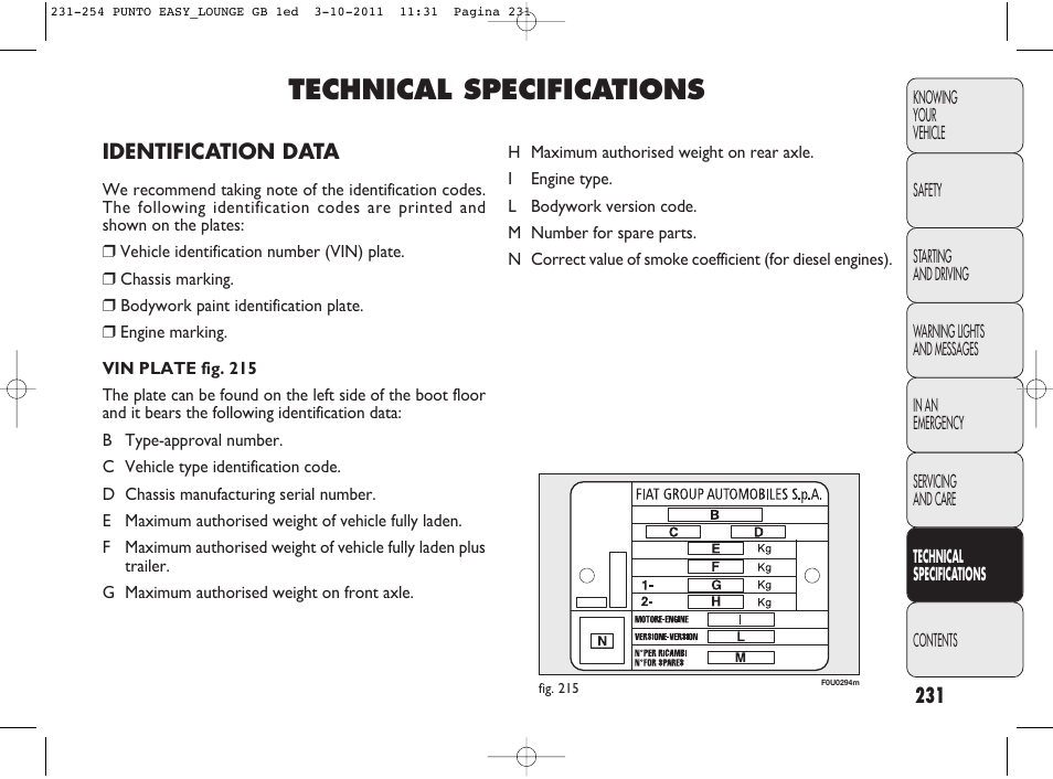 254_punto_easy_lounge_gb_1ed.pdf, Technical specifications | FIAT Punto 2012 User Manual | Page 233 / 267